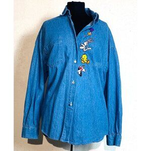 Vintage Top Line USA LOONEY TUNES  1992 Chambray Button Down Blouse L